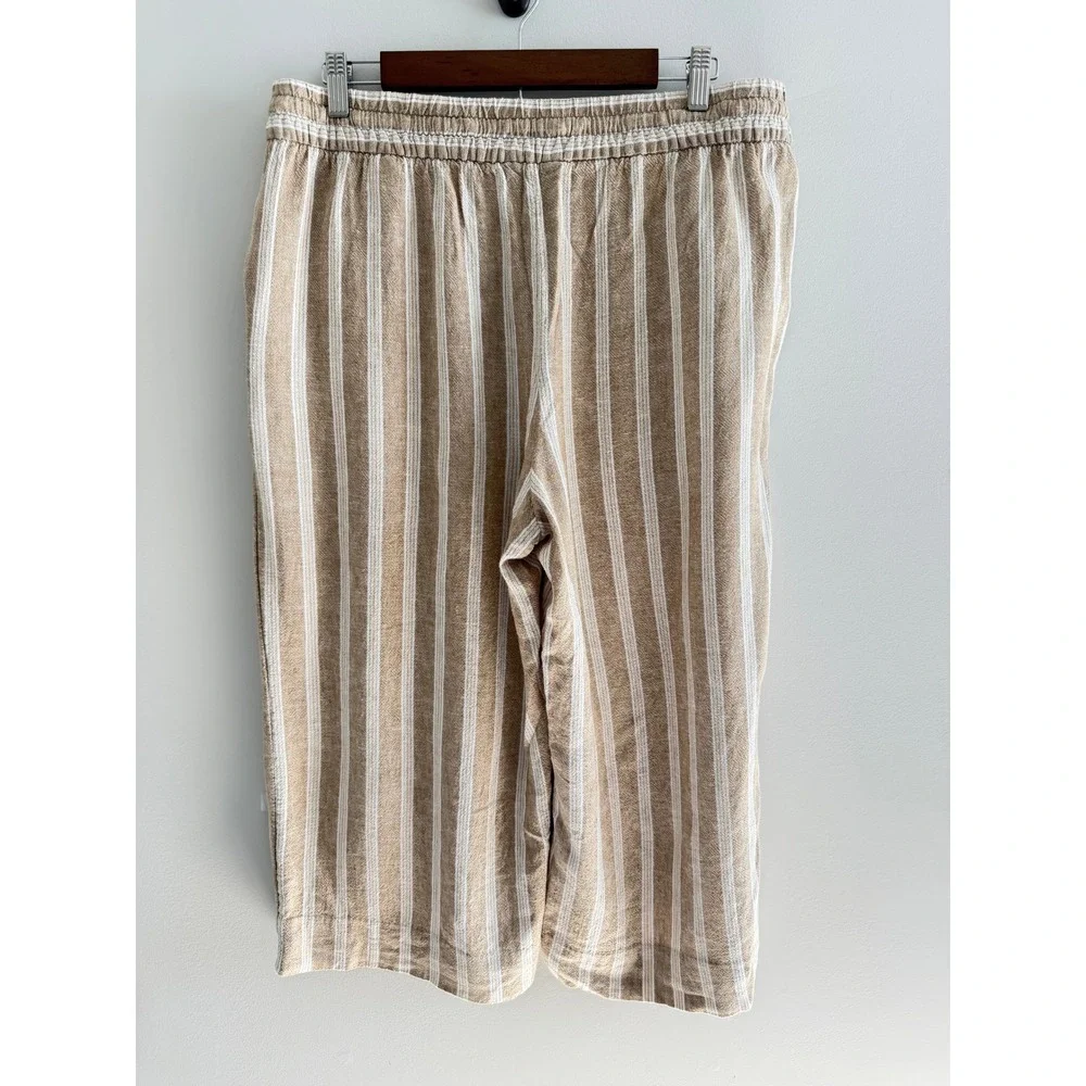 Banana Republic Linen Blend Striped Pull On Pants Tan White Drawstring Large